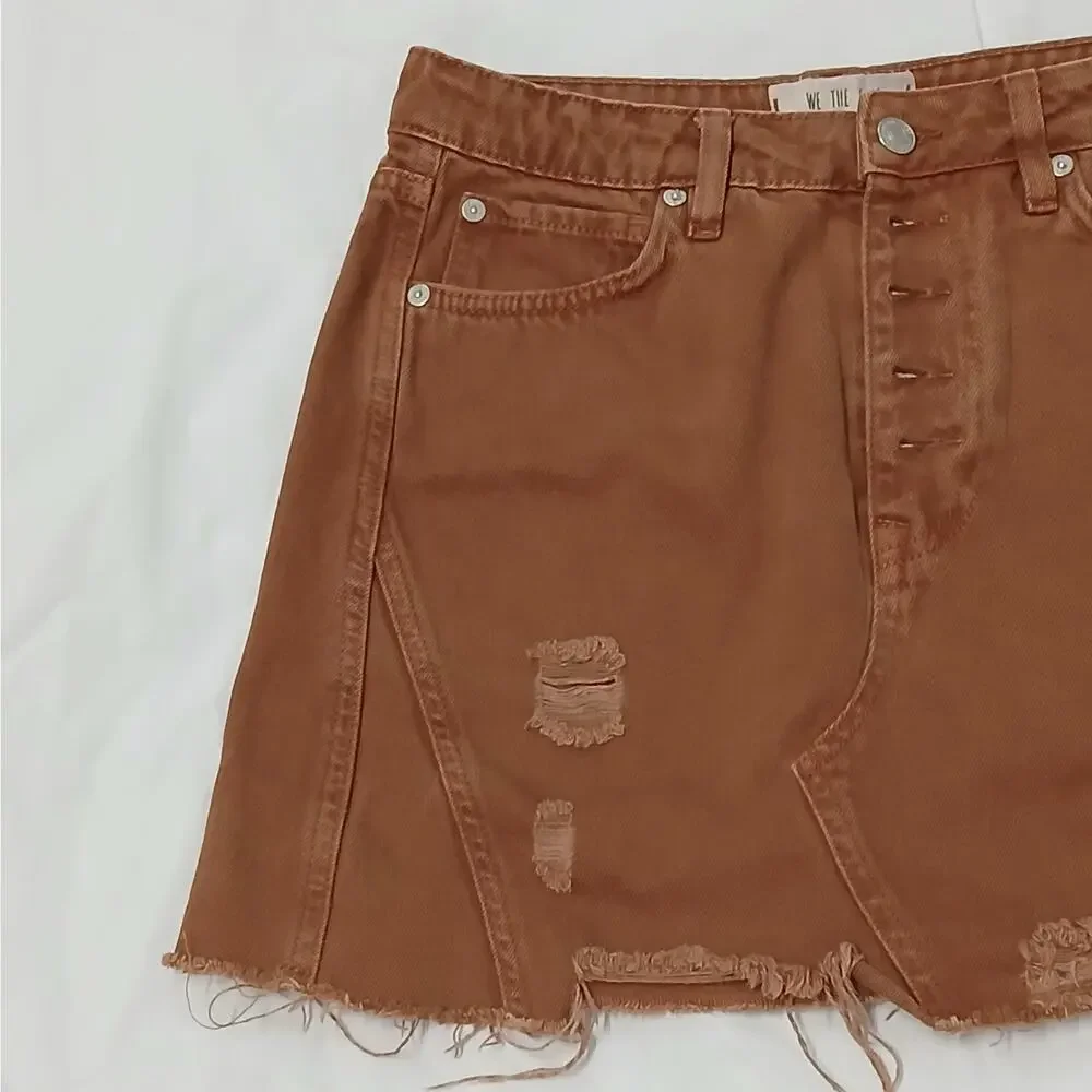 We The Free People Womens Denim Skirt Size 27 Brown Button Front Boho Coastal